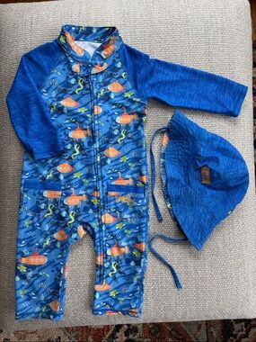UV Skinz - Toddler Boy Blue Submarine-Print One-Piece Swimsuit with Matching Hat